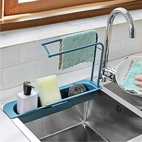 xuzomedia Telescopic Sink Holder,Expandable Storage Drain Basket Rack,Adjustable Sponge Soap Holder Drainer Sink Tray for Sponges, Soaps