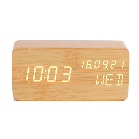 3E Home 31-2200 LEDWooden Digital Clock Alarm ClockDisplaying Date Time Temperature and Voice Touch Activated (Bamboo, White LED)