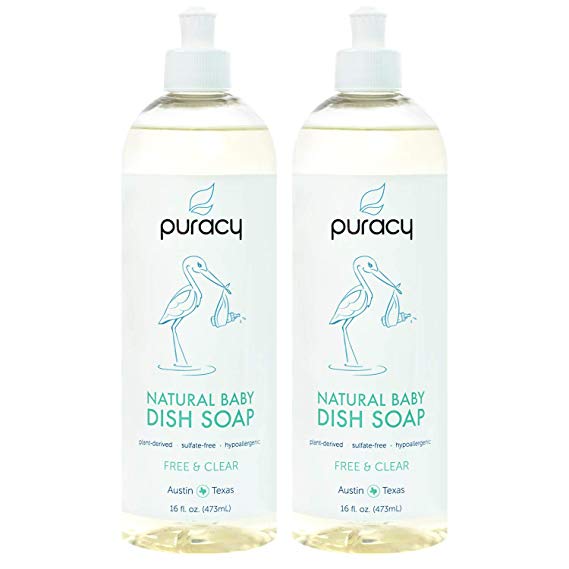 Puracy Natural Baby Liquid Dish Soap, Sulfate-Free Bottle Detergent, Free Clear, 16 Ounce (2-Pack)