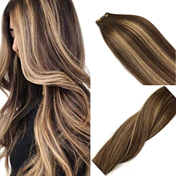 Labhair Human Hair Extensions Silk Straight Tape in Hair Extensions Straight Multi Color Chocolate Brown #4 Highlighted Honey Blonde #27 Ombre Remy Tape in Human Hair Extensions 20pcs/50g 22