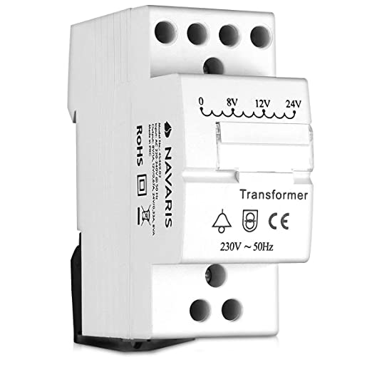 Navaris Klingeltrafo Türklingel 8V 12V 24V - passt auf genormte Hutschiene - Klingeltransformator für max. 8VA Türklingel Gong - Klingel Trafo Weiß