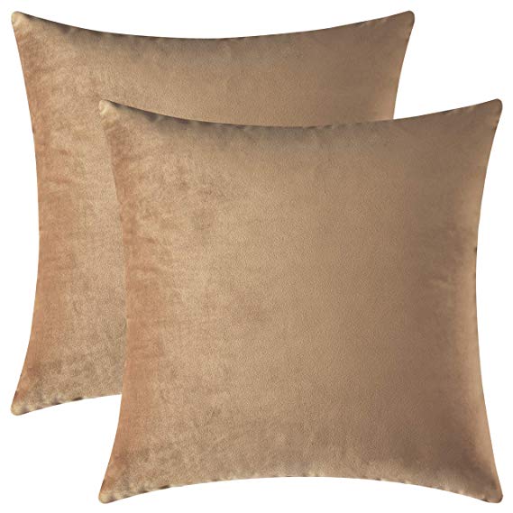 Mixhug Set of 2 Cozy Velvet Square Decorative Throw Pillow Covers for Couch and Bed, Tan, 18 x 18 Inches