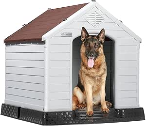 LEMBERI Durable Waterproof Plastic Dog House for Small to Large Sized Dogs, Indoor Outdoor Doghouse Puppy Shelter with Elevated Floor, Easy to Assemble (Brown, 42''L*38''W*39''H)