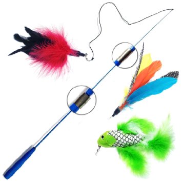 Pet Fit For Life Retractable Wand with 2 Feathers For Your Cat and Kitten - Cat Toy Interactive Cat Wand
