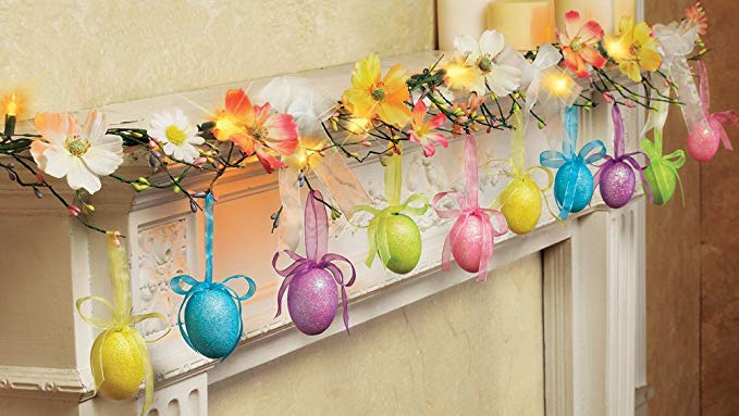 Glittered Easter Egg Lighted Garland Decoration Springtime Bunny Eggs LED Lights Table Fireplace Mantle Doorway Window Tree Decor Accent Whimsical Spring Flowers Ribbon Berries Glitter Colorful Pastel Decor