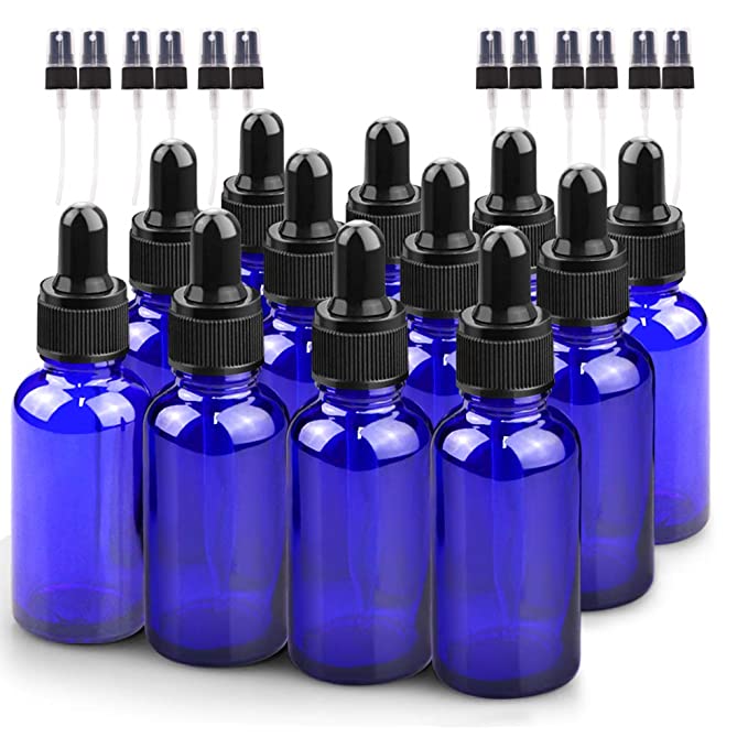 Glass Bottle Set, BonyTek 12 x 1oz Glass Spray Bottle, Blue Glass Eye Droppers Bottles for Watering Flowers Aromatherapy Cleaning and Window Disinfection Dilution Bottles