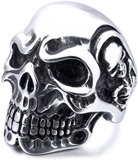 INBLUE Men's Stainless Steel Ring Silver Tone Black Skull Bone
