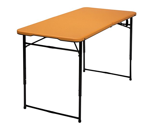 Cosco Products COSCO 4 ft. Indoor Outdoor Adjustable Height Center Fold Tailgate Table with Carrying Handle, Orange Table Top, Black Frame