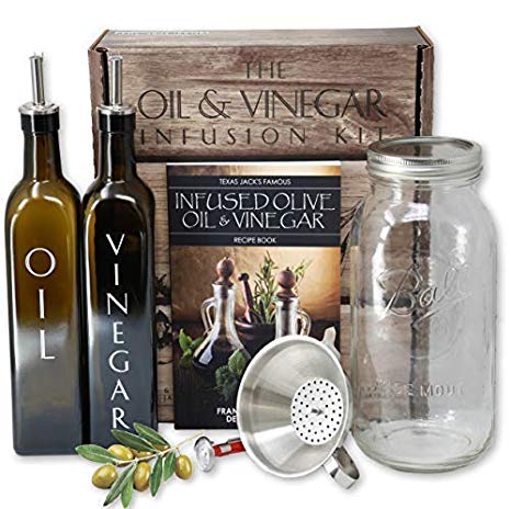 Olive Oil & Vinegar Infusion Kit | Recipe & Instruction Book | Oil and Vinegar Dispenser Set | Mason Jar | Funnel Strainer | Kitchen Thermometer. Trendy Oil Bottle & Vinegar Cruet - Best Cooking Gifts