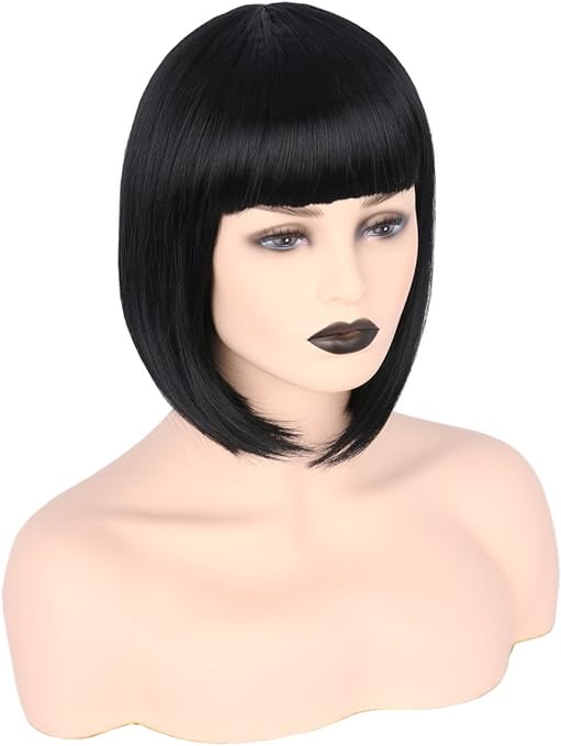 Topcosplay Women's Short Bob Wig Black Straight Synthetic Wigs with Fringe for Cosplay Daily Carnival Fancy Dress
