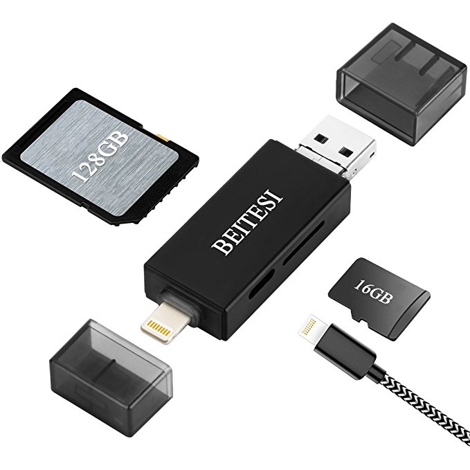 BEITESI SD Card Reader, USB 3.0 Card Reader for iPhone/iPad/Android/Micro USB,Lightning Charging Adapter, Supports TF, SD, Micro SD, SDXC, SDHC Memory Card Viewer (Black)