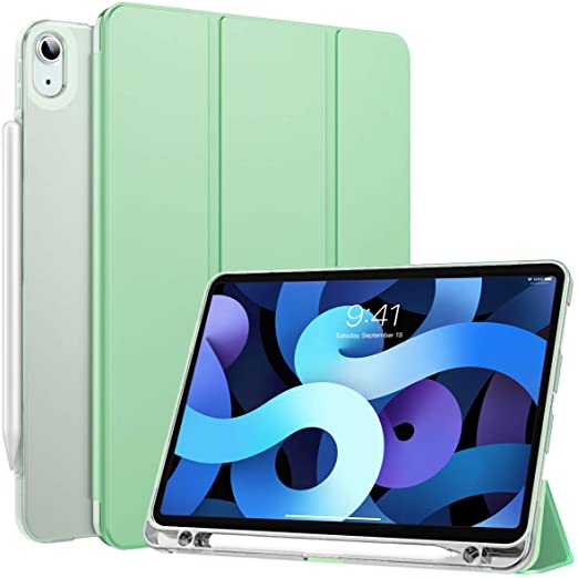 MoKo Case Fit New iPad Air 4th Generation 2020 - iPad 10.9 Case Built-in Pencil Holder, Smart Shell Cover with Translucent Back Corner/Bumper Case for iPad Air 4 2020, Green