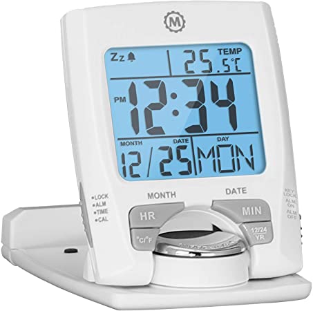 Marathon Travel Alarm Clock with Calendar & Temperature - Phone Stand Function - Battery Included - CL030023WH (White)