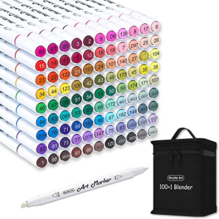 Shuttle Art 101 Colors Dual Tip Alcohol Based Art Markers,100 Colors Plus 1 Blender Permanent Marker Pens Highlighters with Case Perfect for Illustration Adult Coloring Sketching and Card Making