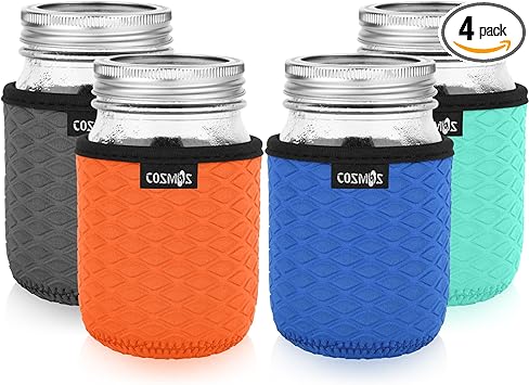 Cosmos 4 Pcs Neoprene Mason Jar Sleeve Cover for Regular Mouth Jar, Insulated Glass Jars Cover Canning Sleeves Glass Container Protector Holder for Home Kitchen Storage (For 16 OZ Jar)