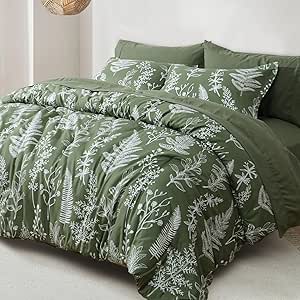 PHF 7 Pieces Queen Comforter Set, Ultra Soft Bed in A Bag Comforter & Sheet Set- Reversible Botanical Bedding Set Include Comforter, Pillow Shams, Flat Sheet, Fitted Sheet and Pillowcases, Olive Green