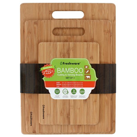 Freshware Premium Bamboo 3 Piece Cutting Boards | 3 Layered 100% Organic Bamboo | Durable Bamboo Set For Meat, Vegetables, Fruit Or Bread | Anti-Microbial Bamboo Chopping Block & Serving Tray