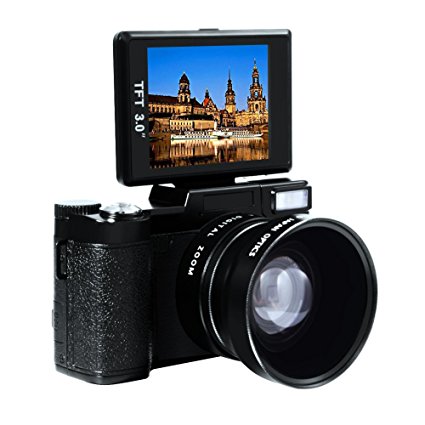 Digital Camera Full HD Video Camcorder 1080p 24.0 MP Point and Shoot Camera Anti Shake 3” Flip Screen Teleconverter Close-up Lens