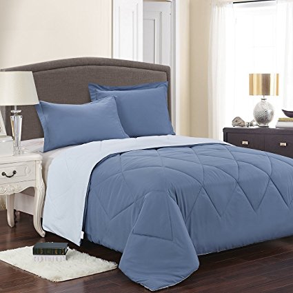 Homehug® 1800 Thread Count 3Pc Comforter Sets Full Size Polyester Fiber Solid Pure Blue Color (Queen Size)