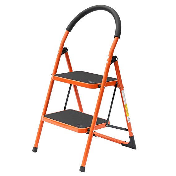 LUISLADDERS 2 Step Ladder Lightweight Anti-Slip Folding Stool Sturdy Steel Ladder 330lbs EN131 with Handgrip Anti-Slip and Wide Pedal