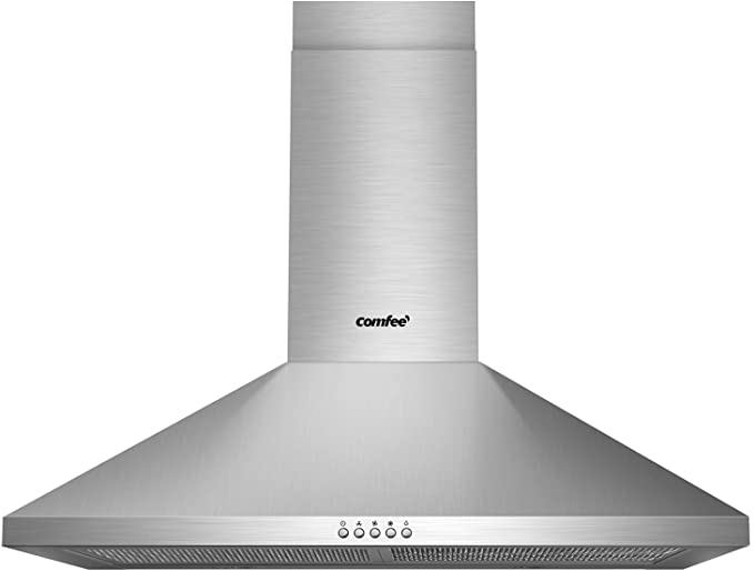 Comfee 30 Inch Ducted Pyramid Range 450 CFM Stainless Steel Wall Mount Vent Hood with 3 Speed Exhaust Fan, 5-Layer Aluminum Permanent Filters, Two LED Lights, Convertible to Ductless