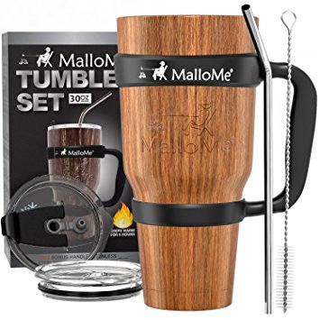 MalloMe Stainless Steel Vacuum Insulated 6-Piece Tumbler Set [Straw, Brush, Handle, 2x Lid Included] Wood Grain Camouflage 30 oz