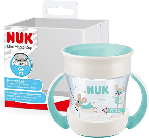 NUK Mini Magic Cup Sippy Cup | 360° Anti-Spill Rim | 6  Months | Easy Grip Handles | BPA-Free | 160 ml | Blue Mouse, 10255607