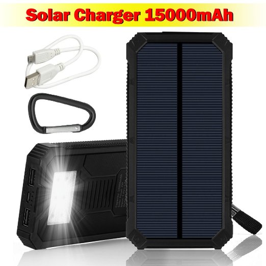 Solar Charger 15000mAh Solar Power Bank Dual USB External Battery Charger Solar Phone Charger Outdoor Backup Battery Pack with 6LED Flashlight for Bluetooth iPhone HTC Nexus Camera Tablet-Black