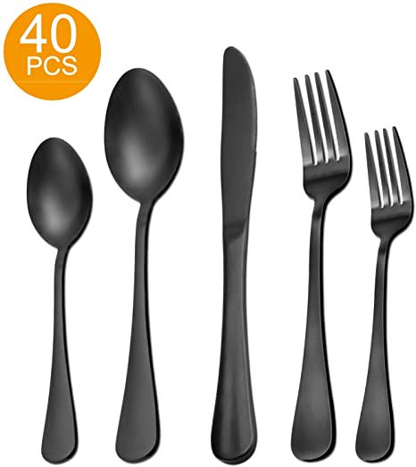40 Pieces Matte Black Silverware Set Serve for 8, Stainless Steel Flatware Set Utensils Cutlery Tableware Set Including Steak Knife Fork and Spoon, Gift Package