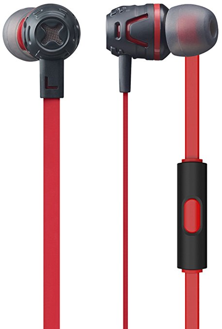 Phiaton In Ear Headphones Earbuds, Noise Isolating Hi Def Stereo Extreme Bass, Tangle Free Flat Cord w/ Built-in Mic and Pouch Case - Red