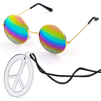 Beelittle Hippie Costume Accessories for Men and Women - Retro John Lennon Hippie 60's Style Circle Glasses Peace Sign Necklace