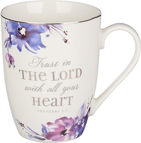 Christian Art Gifts Scripture Ceramic Encouraging Coffee and Tea Mug for Women: Trust in the Lord - Proverbs 3:5 Inspirational Bible Verse Cup for Hot and Cold Beverages, White & Purple Floral, 11 oz.