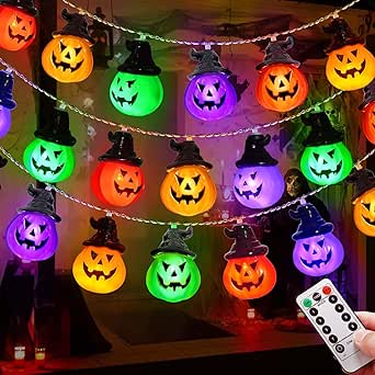 Newest Halloween Decorations Indoor, Battery Operated Pumpkin Decor, Colorful Jack O Lantern Pumpkin String Lights for Halloween Window Decorations Garage Door Decorations Wreath Birthday Party Decor