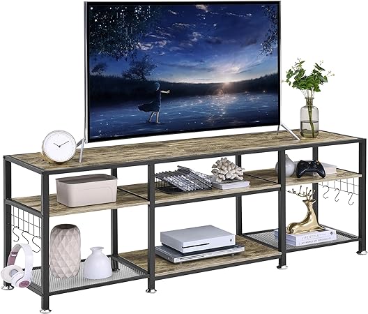 VECELO TV Stand for Televisions up to 75 Inch, Industrial Entertainment Center with 3-Tier Open Storage Shelves& Hooks for Living, Bedroom and Gaming Room, 70 Inch, Grey