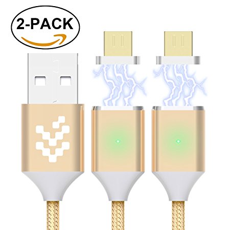 2 Pack Magnetic Micro USB Cable, WMZ Nylon Braided Data Charger Lead with Metal Plug LED Indicator Light Charging Cables for Samsung S2 S3 S4 S6 S7 Edge, Note 2/3/4/5, Tab S2 S LG (3.3 Feet/1M Gold)