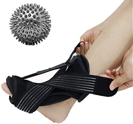 Adjustable Plantar Fasciitis Dorsal Night Splint Foot Drop Orthotic Support Brace Breathable Plus Skin-Friendly Feeling for Women and Men Achilles Tendonitis, Heel and Ankle Pain with Massage Ball