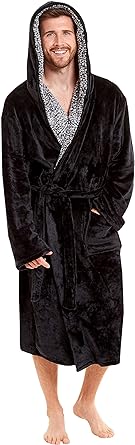 MICHAEL PAUL Dressing Gowns for Men | Super Soft Luxury Hooded Dressing Gown Black Grey Navy | Men's Warm and Cozy Fleece Nightwear Robe | Gifts for Men
