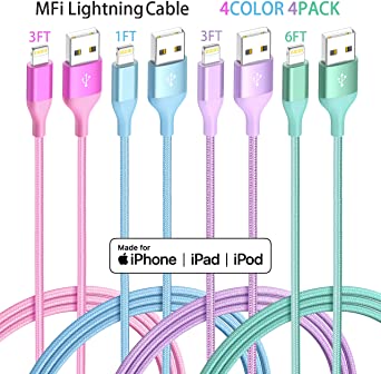 Lightning Cable iPhone Charger 4Pack 4Color Apple MFi Certified Nylon Braided Long Fast USB Cord Compatible for iPhone 11Pro MAX Xs XR X 8 7 6S 6 Plus SE 5S 5C (Blue Green Red Purple)