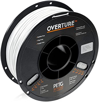 OVERTURE PETG Filament 1.75mm 3D Printer Consumables, 1kg Spool (2.2lbs), Dimensional Accuracy  /- 0.05 mm, Fit Most FDM Printer (White)