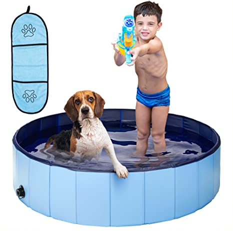 Gibot Dog Pool Foldable Dog Pool Portable Dog Pet Bathing Tub 47.2inch x 11.8inch Kiddie Pool for Kids Dogs Cats PVC Pet Swimming Pool Slip-Resistant Dog Bathtub with Pets Towel
