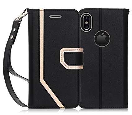 iPhone X Case, iPhone X Wallet Case, FYY [RFID Blocking wallet] [Makeup Mirror] Premium PU Leather iPhone X Edition (2017) Wallet Case with Cosmetic Mirror and Hand Strap Black