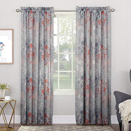 Sun Zero Kara Floral Print Energy Efficient Rod Pocket Curtain Panel 54" x 63" Gray