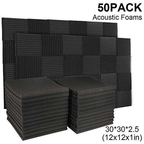50 Pack Acoustic Panels Soundproof Studio Foam for Walls Sound Absorbing Panels Sound Insulation Panels Wedge for Home Studio Ceiling, 1" X 12" X 12", Black (50PCS Black)