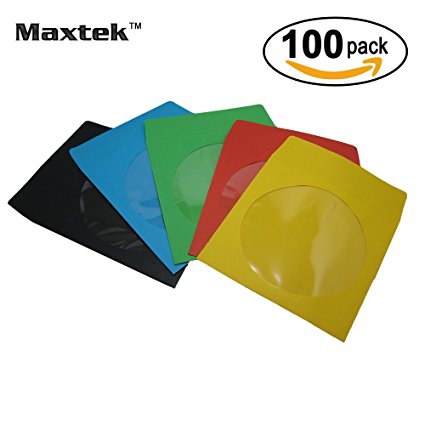 100 Pack Maxtek Premium Thick Assorted Color Paper CD DVD Sleeves Envelope with Window Cut Out and Flap, 100g Heavy Weight. Red, Green, Blue, Yellow, Black