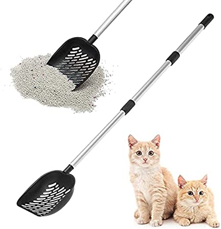 EXPAWLORER Metal Cat Litter Scoop - Detachable & Adjustable Long Handle with Deep Sifting Shovel - All Stainless Steel Non-Stick Cat Litter Sifter, No Need to Bend