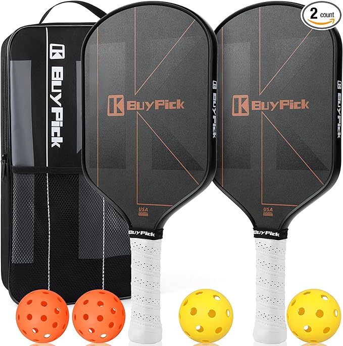 BuyPick Pickleball Paddle, Carbon Fiber Surface with Reinforced 16mm Polypropylene Honeycomb Core, Perforated Grip, USA Pickleball Approved,2 Pickleball Paddle with 4 PE Balls& 1 Bag