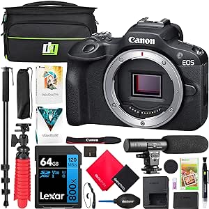 Canon EOS R100 Mirrorless APS-C Interchangeable Lens Camera Body 6052C002 Bundle with Deco Gear Photography Bag   Microphone   Monopod   Software & Accessories Kit