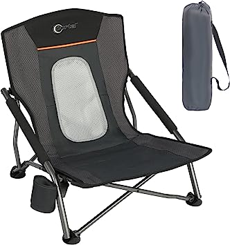 PORTAL Low Beach Camp Chair Folding Compact Picnic Concert Festival Chair with Carry Bag, Black, 22" L x 20" W x 24.6" H