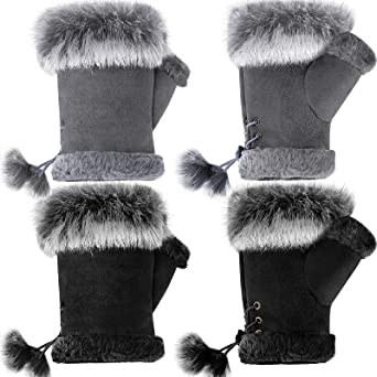 2 Pairs Women Fur Fingerless Gloves Winter Rabbit Fur Half finger Mittens for Women Girls Teen Working Writing