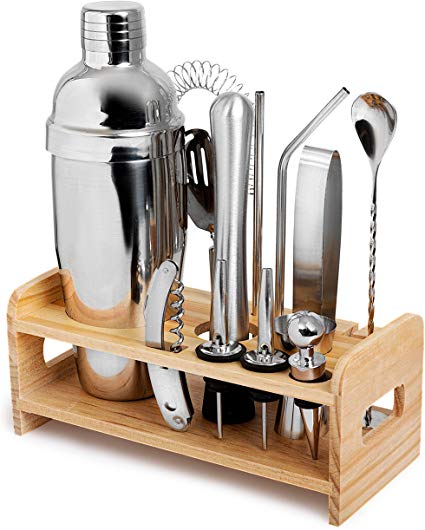 Complete Bartender Kit w/Cocktail Shaker & Bar Accessories - 13 Piece Mixology Bar Set - Includes Twisted Spoon, Muddler, Ice Tongs, Wine Opener, Other Bar Tools - Unlimited Drink Mixing Options